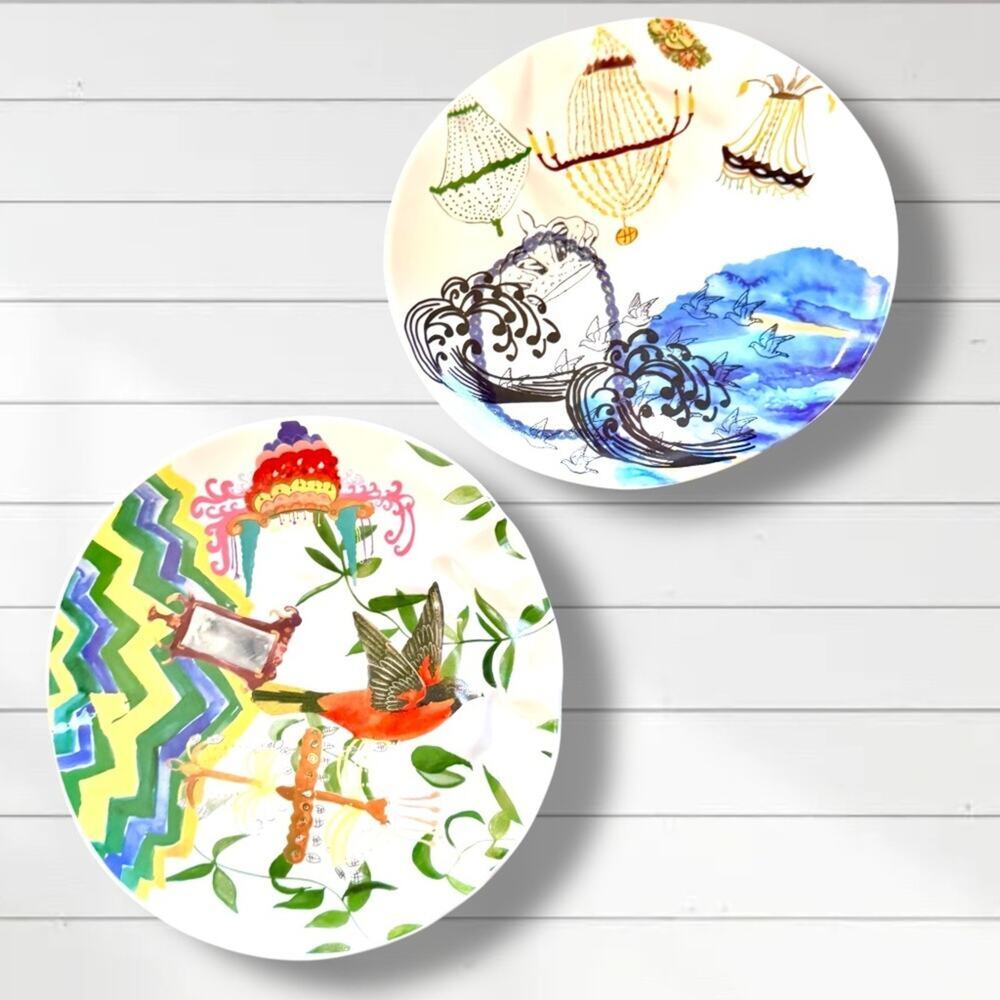 Anthropologie REBEKAH MAYSLES Plates Dessert Salad Ripple Wavy Bird Set 2 8.25”